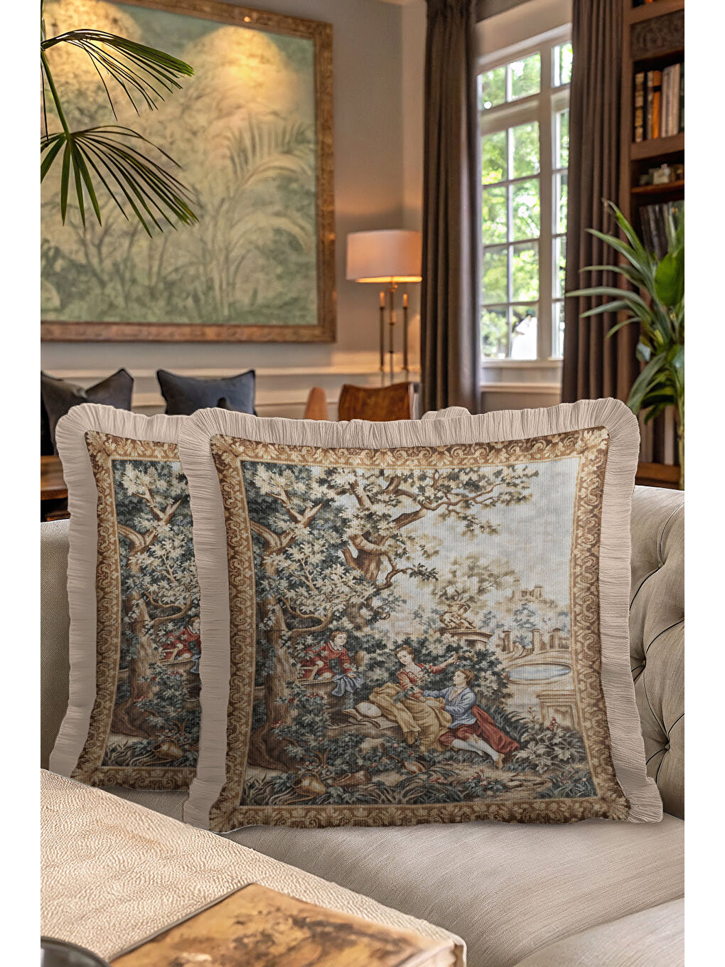 Karışık Fransız Saray Klasik Saçaklı Yastık Kılıfı - Romantik Nostaljik Bej Altın Püsküllü Kırlent Kılıfı-7