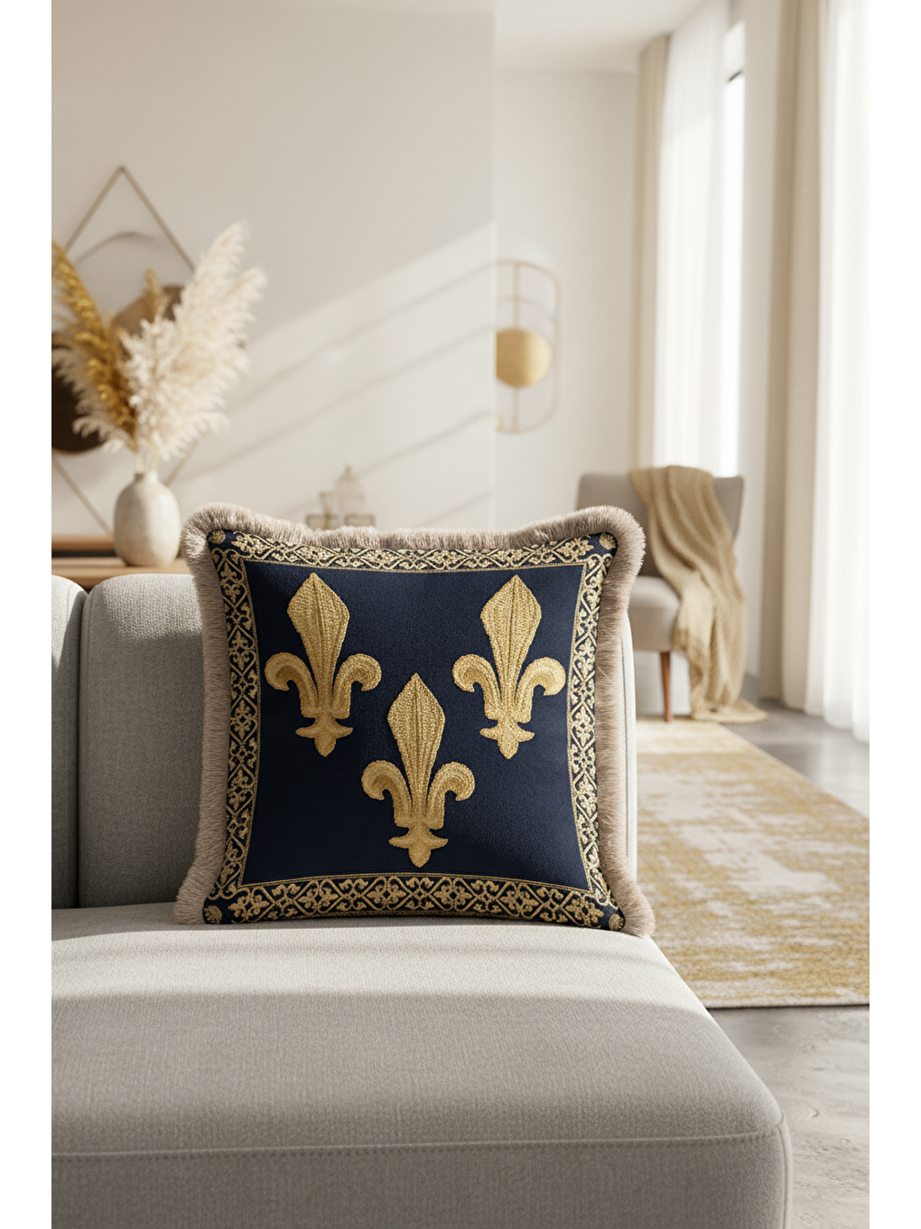 Karışık Zarif Fransız Motifli Saçaklı Yastık Kılıfı - Lüks Klasik Barok Renkli Püsküllü Kırlent Kılıfı