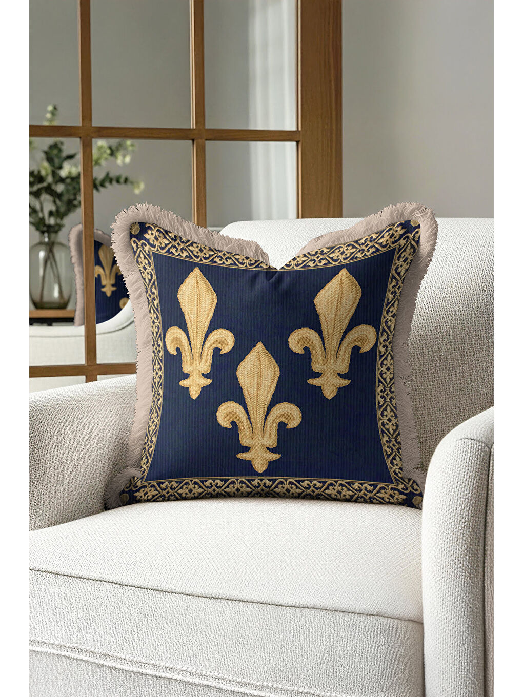 Karışık Zarif Fransız Motifli Saçaklı Yastık Kılıfı - Lüks Klasik Barok Renkli Püsküllü Kırlent Kılıfı-1