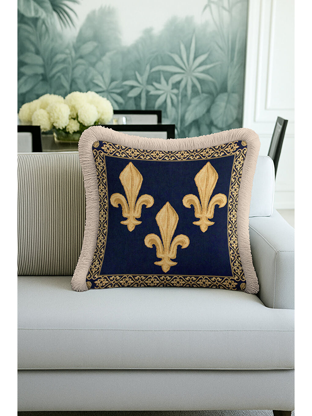 Karışık Zarif Fransız Motifli Saçaklı Yastık Kılıfı - Lüks Klasik Barok Renkli Püsküllü Kırlent Kılıfı-2