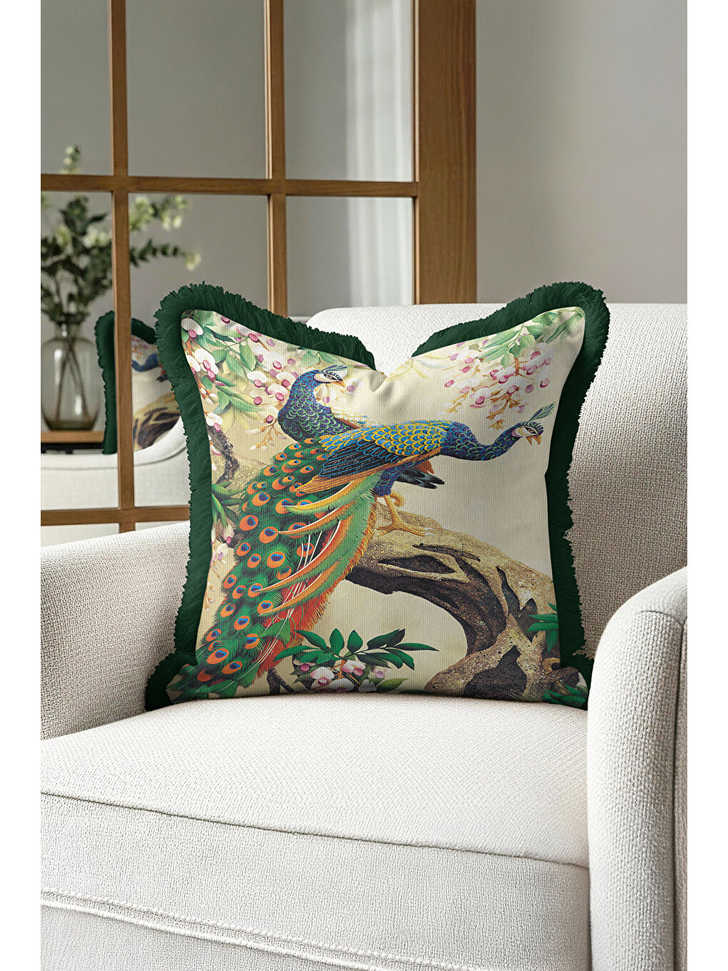 Karışık Zarif Kuş Motifli Saçaklı Yastık Kılıfı - Doğa Temalı Yeşil Altın Renkli Püsküllü Kırlent Kılıfı