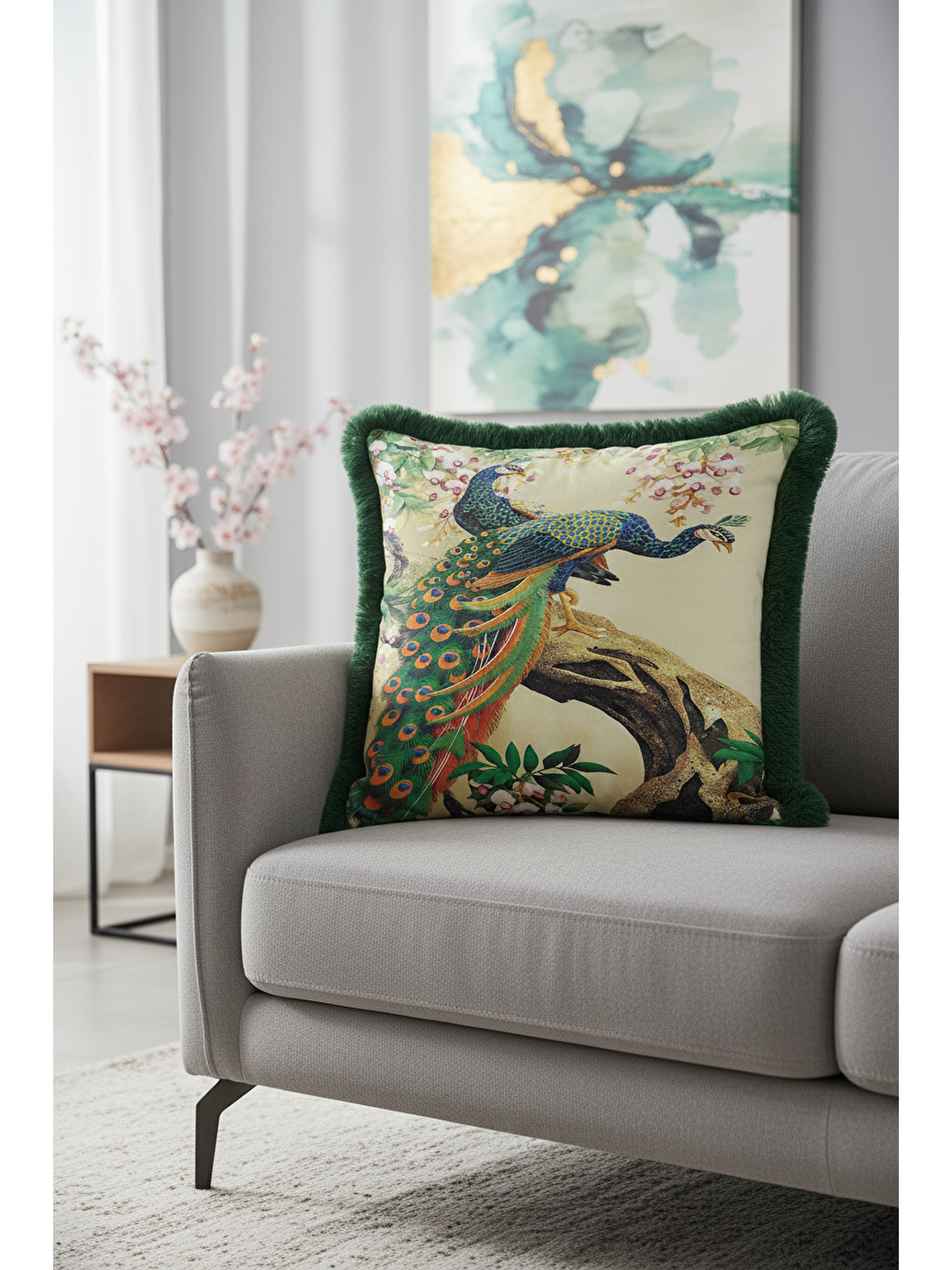 Karışık Zarif Kuş Motifli Saçaklı Yastık Kılıfı - Doğa Temalı Yeşil Altın Renkli Püsküllü Kırlent Kılıfı-1