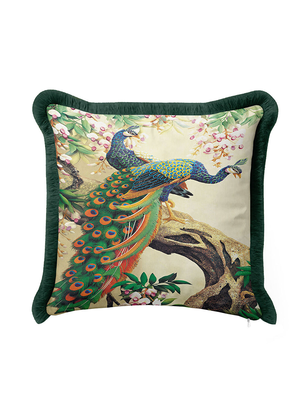 Karışık Zarif Kuş Motifli Saçaklı Yastık Kılıfı - Doğa Temalı Yeşil Altın Renkli Püsküllü Kırlent Kılıfı-2