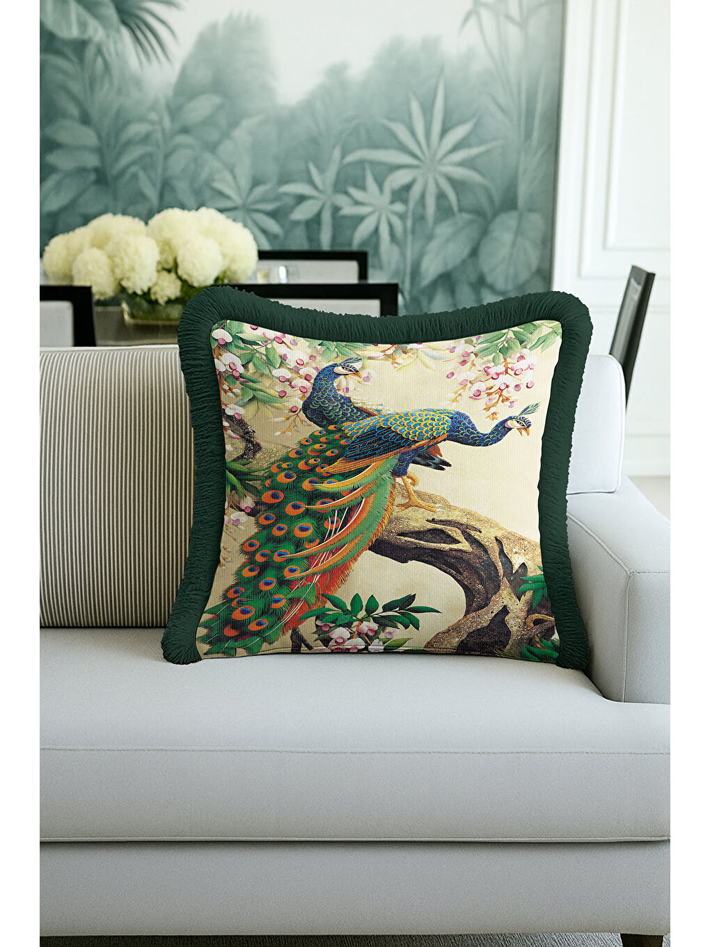 Karışık Zarif Kuş Motifli Saçaklı Yastık Kılıfı - Doğa Temalı Yeşil Altın Renkli Püsküllü Kırlent Kılıfı-3
