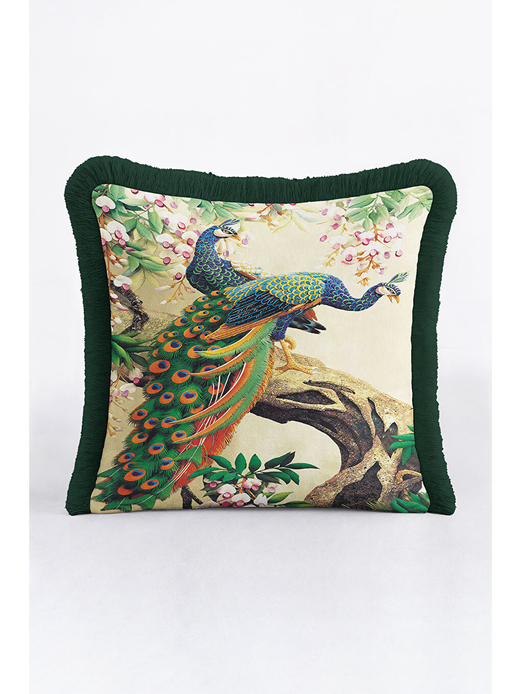 Karışık Zarif Kuş Motifli Saçaklı Yastık Kılıfı - Doğa Temalı Yeşil Altın Renkli Püsküllü Kırlent Kılıfı-4