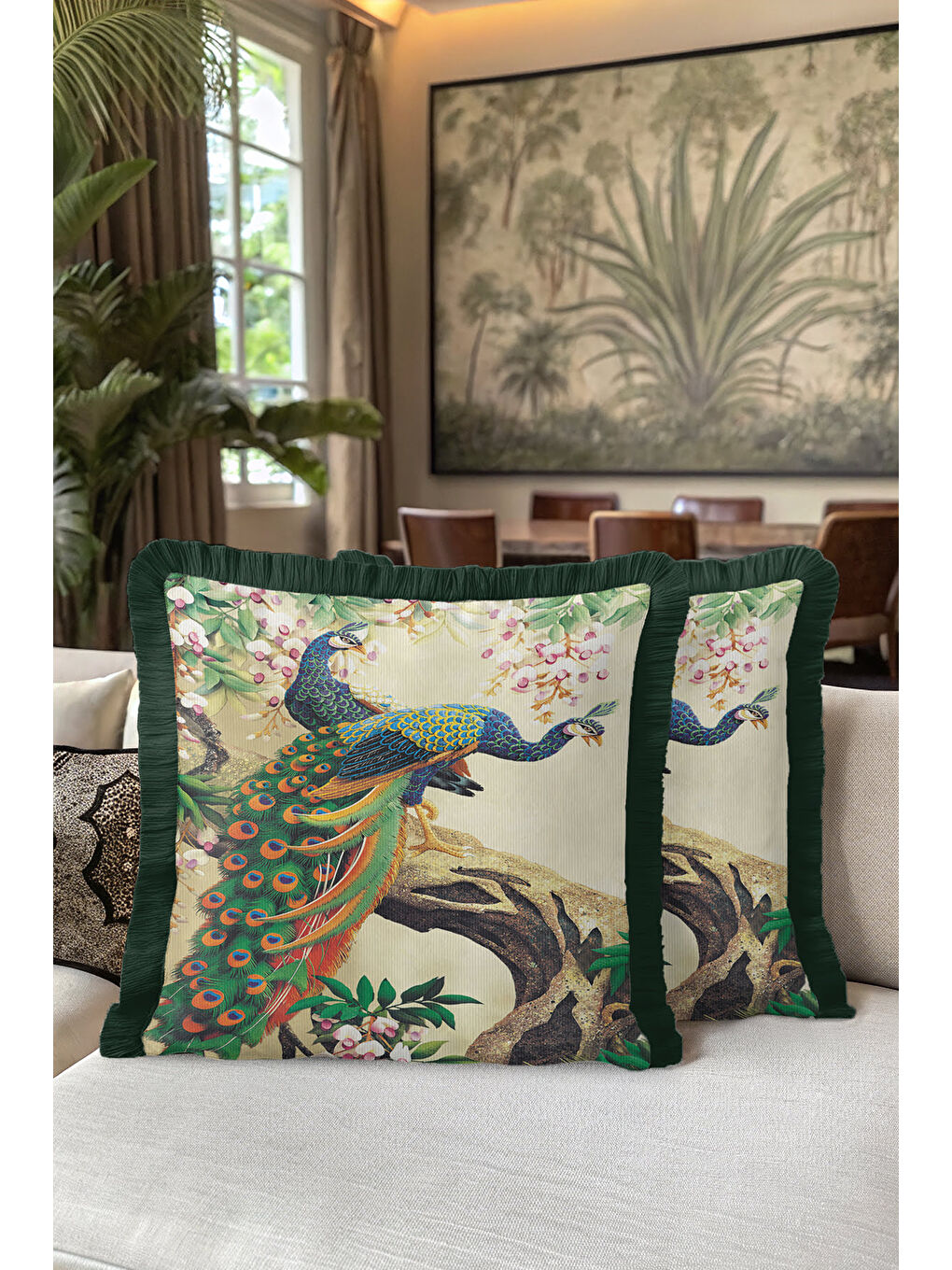 Karışık Zarif Kuş Motifli Saçaklı Yastık Kılıfı - Doğa Temalı Yeşil Altın Renkli Püsküllü Kırlent Kılıfı-5