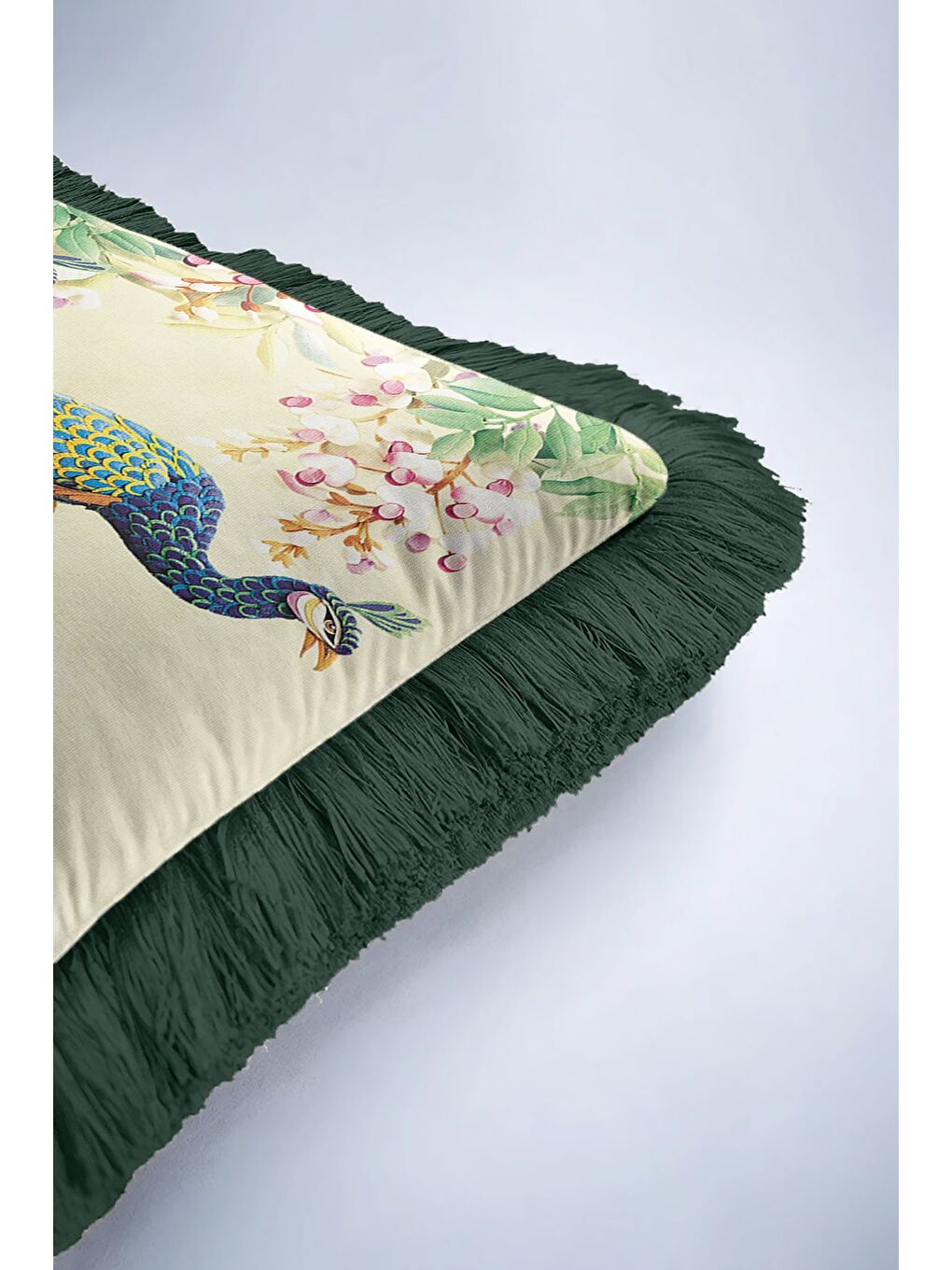 Karışık Zarif Kuş Motifli Saçaklı Yastık Kılıfı - Doğa Temalı Yeşil Altın Renkli Püsküllü Kırlent Kılıfı-6