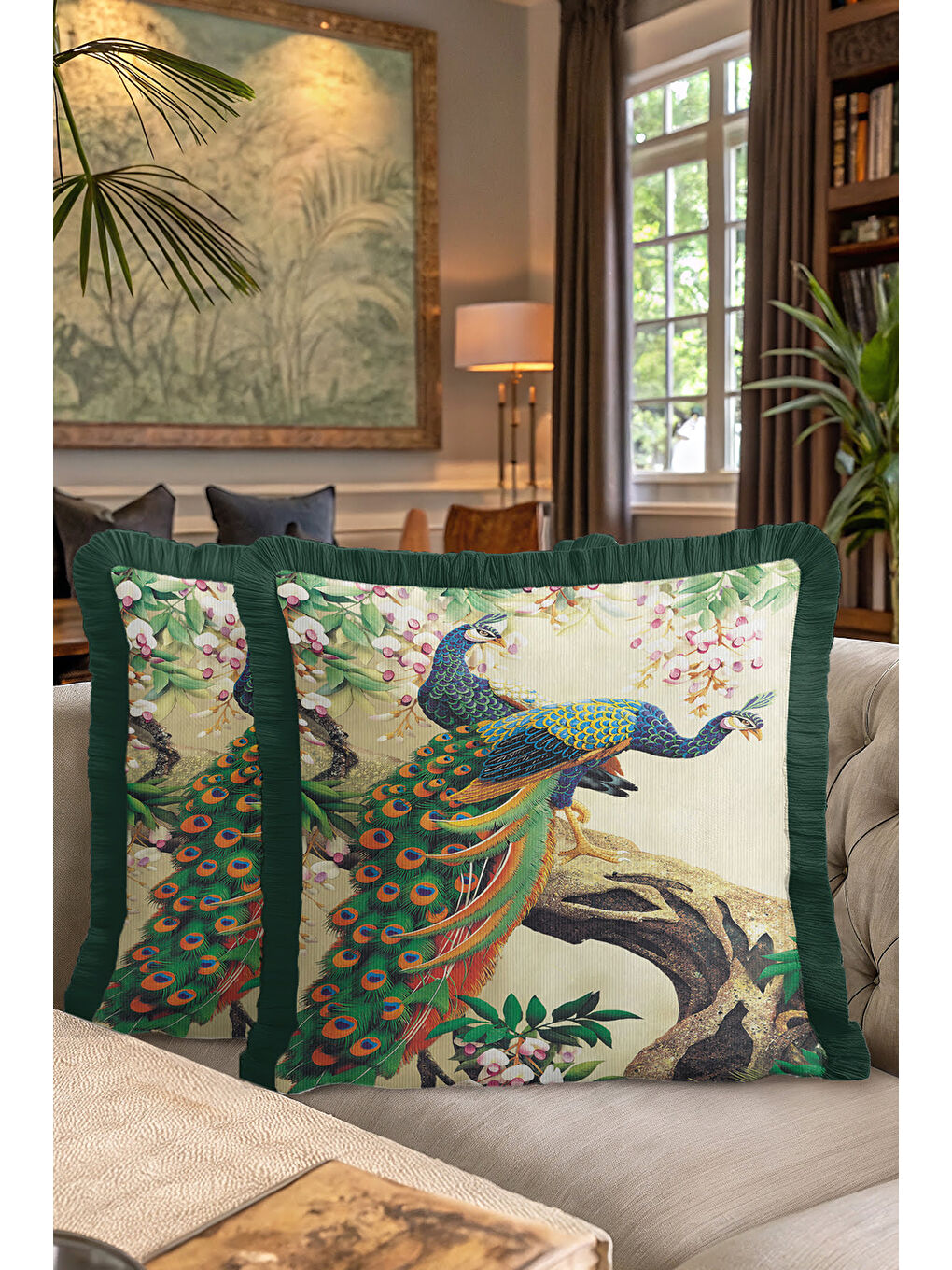 Karışık Zarif Kuş Motifli Saçaklı Yastık Kılıfı - Doğa Temalı Yeşil Altın Renkli Püsküllü Kırlent Kılıfı-7