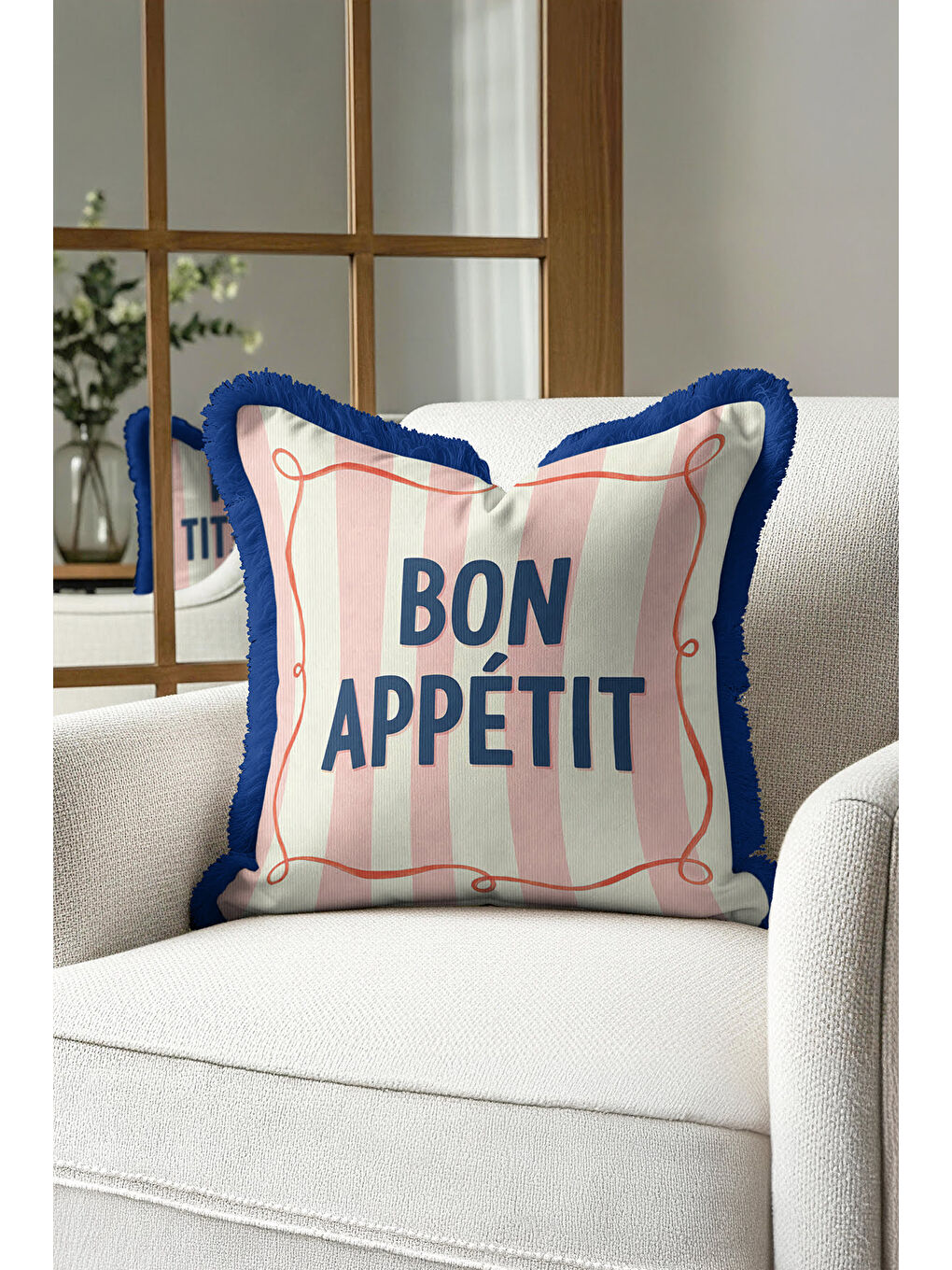 Karışık Fransız Stil Saçaklı Yastık Kılıfı - Pastel Çizgili Retro Lacivert Püsküllü Kırlent Kılıfı-2