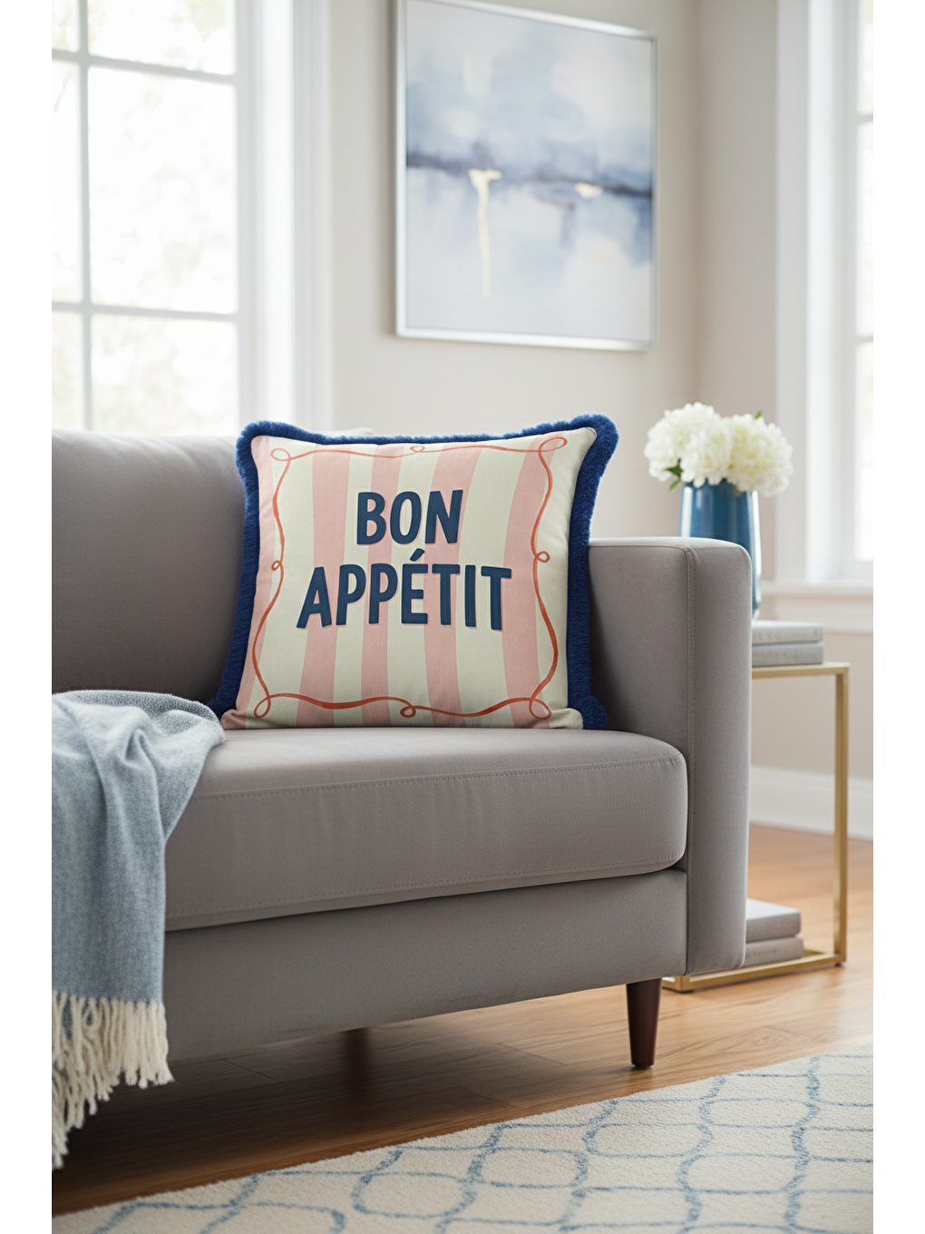 Karışık Fransız Stil Saçaklı Yastık Kılıfı - Pastel Çizgili Retro Lacivert Püsküllü Kırlent Kılıfı-3