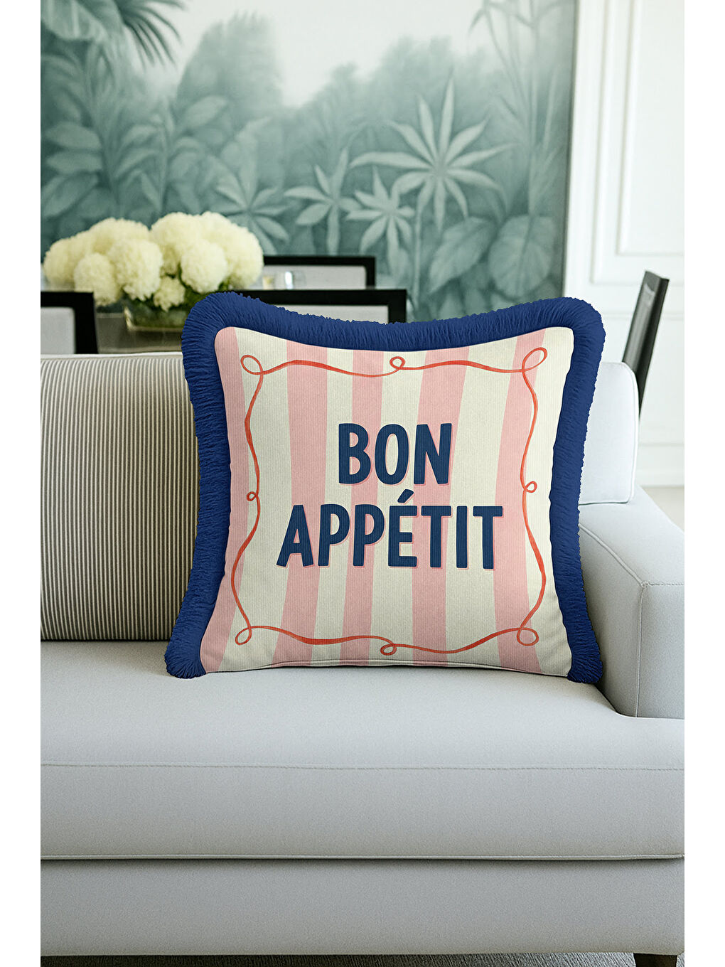 Karışık Fransız Stil Saçaklı Yastık Kılıfı - Pastel Çizgili Retro Lacivert Püsküllü Kırlent Kılıfı-4