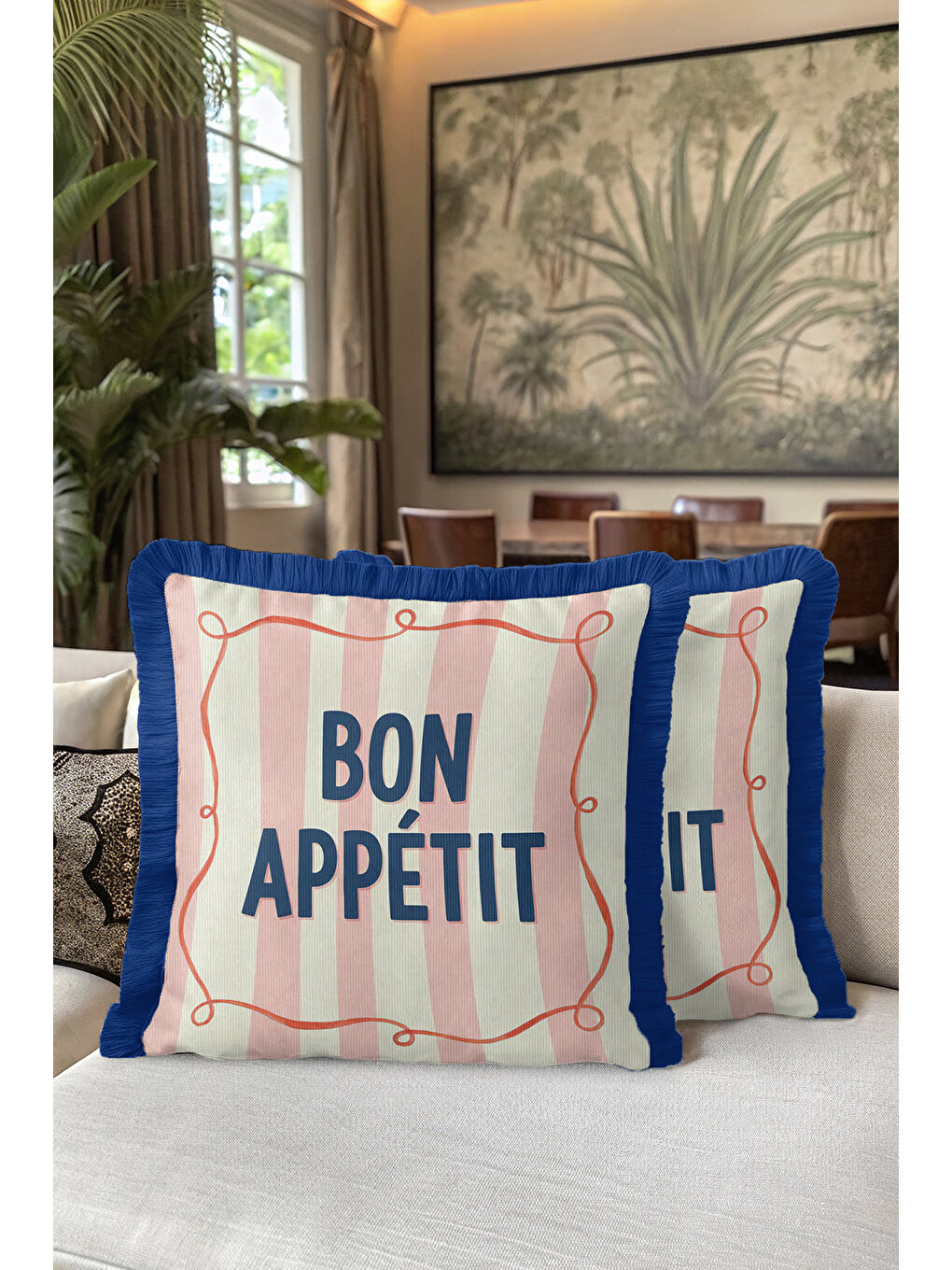 Karışık Fransız Stil Saçaklı Yastık Kılıfı - Pastel Çizgili Retro Lacivert Püsküllü Kırlent Kılıfı-5