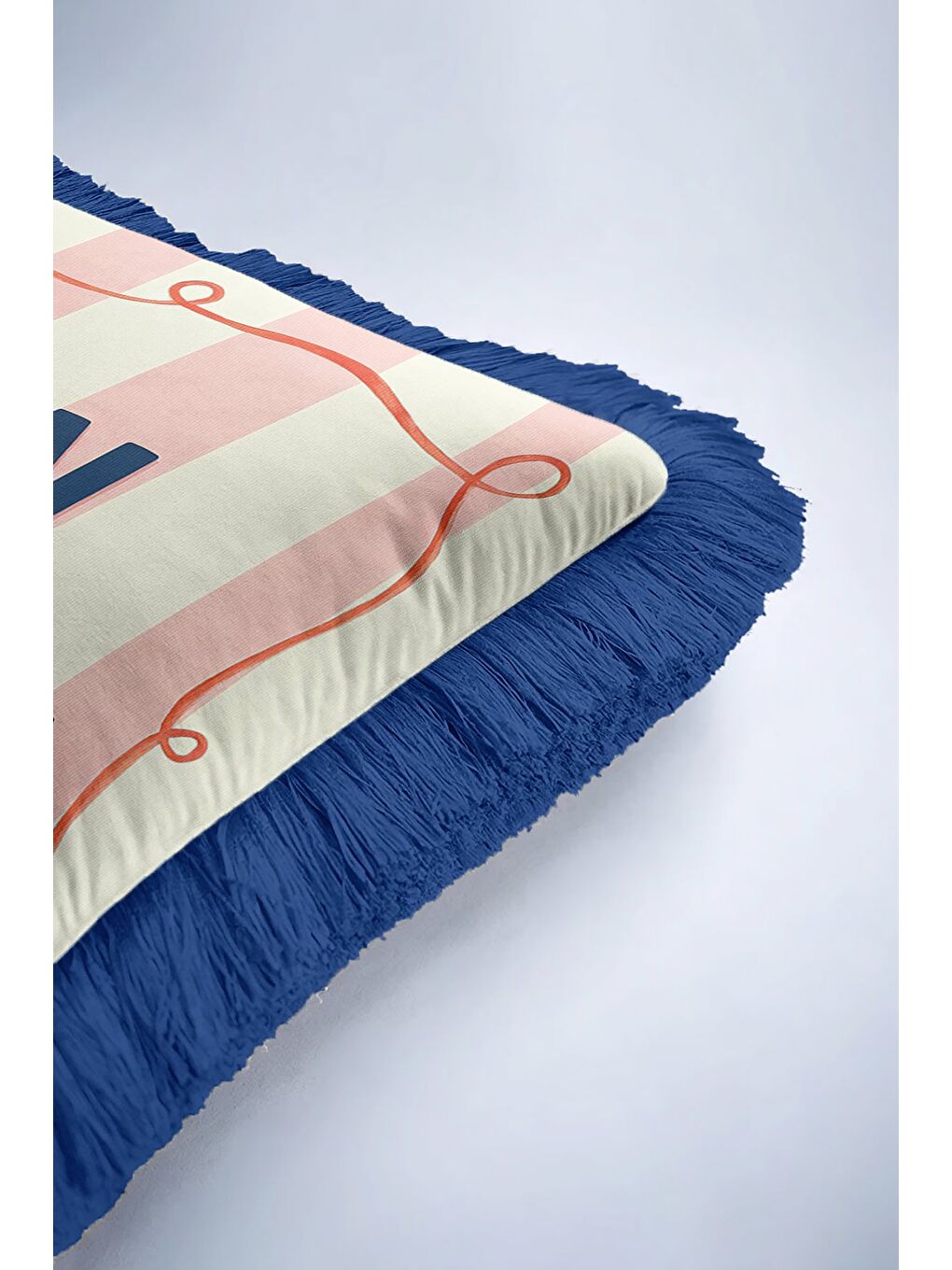 Karışık Fransız Stil Saçaklı Yastık Kılıfı - Pastel Çizgili Retro Lacivert Püsküllü Kırlent Kılıfı-6