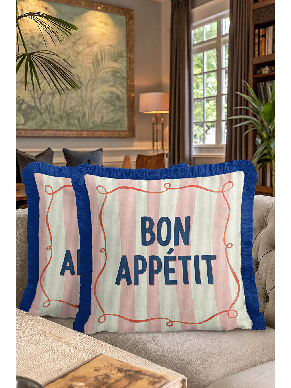 Karışık Fransız Stil Saçaklı Yastık Kılıfı - Pastel Çizgili Retro Lacivert Püsküllü Kırlent Kılıfı-7