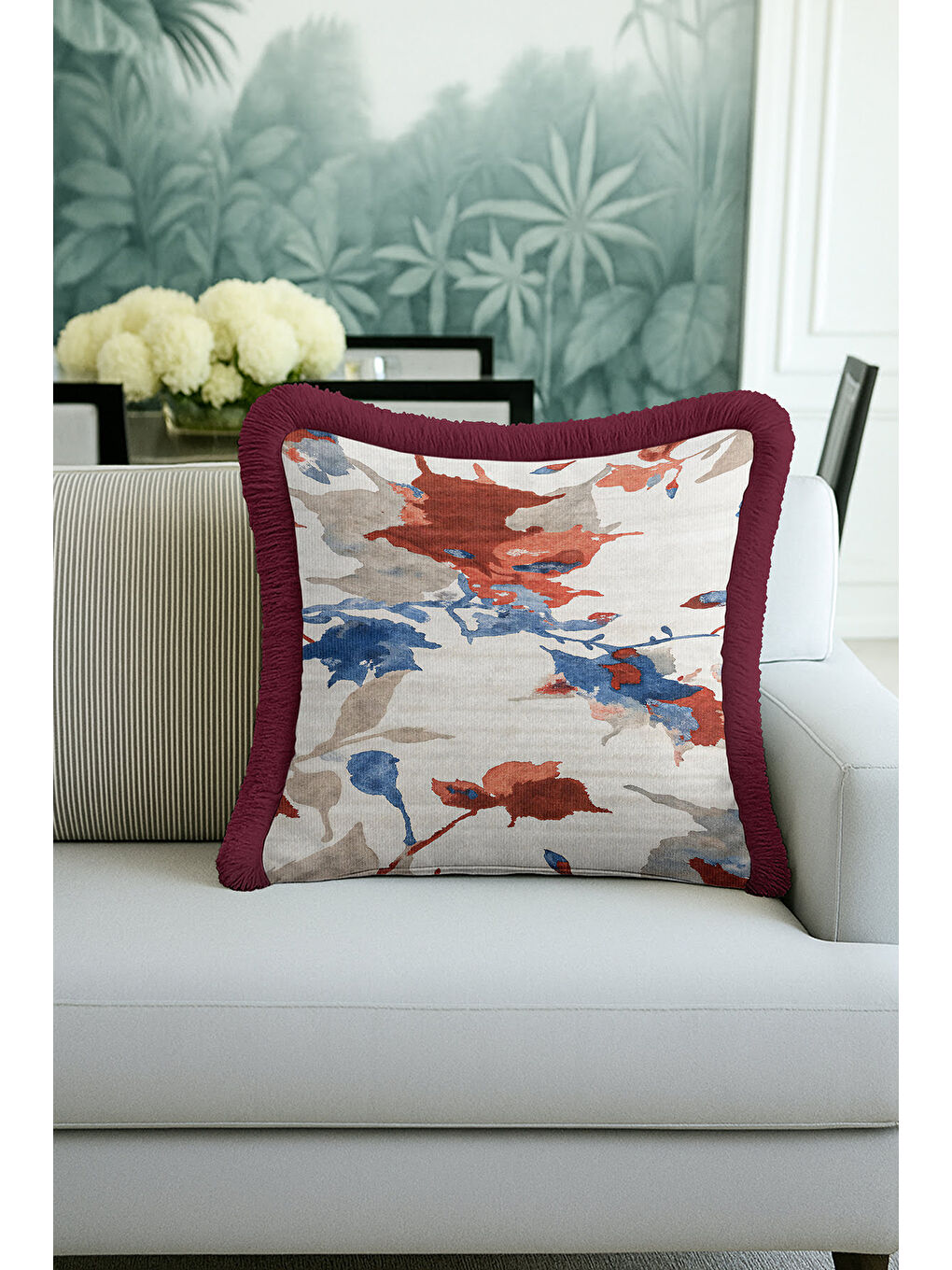 Karışık Modern Sanatsal Saçaklı Yastık Kılıfı - Renkli Bohem Bordo Kenarlı Püsküllü Kırlent Kılıfı-1