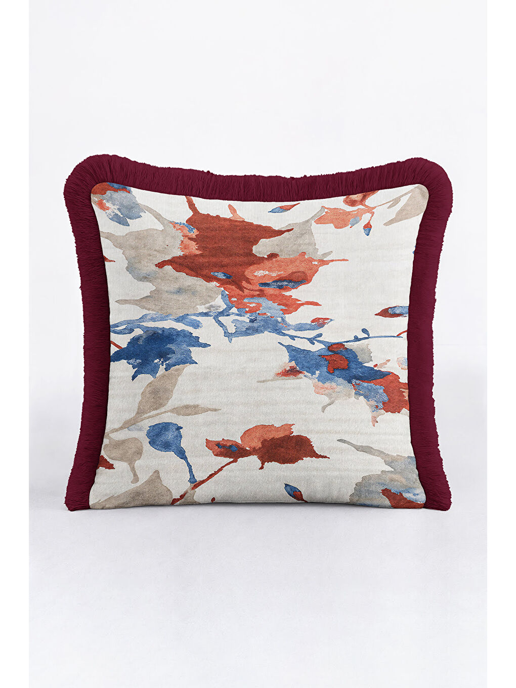 Karışık Modern Sanatsal Saçaklı Yastık Kılıfı - Renkli Bohem Bordo Kenarlı Püsküllü Kırlent Kılıfı-2