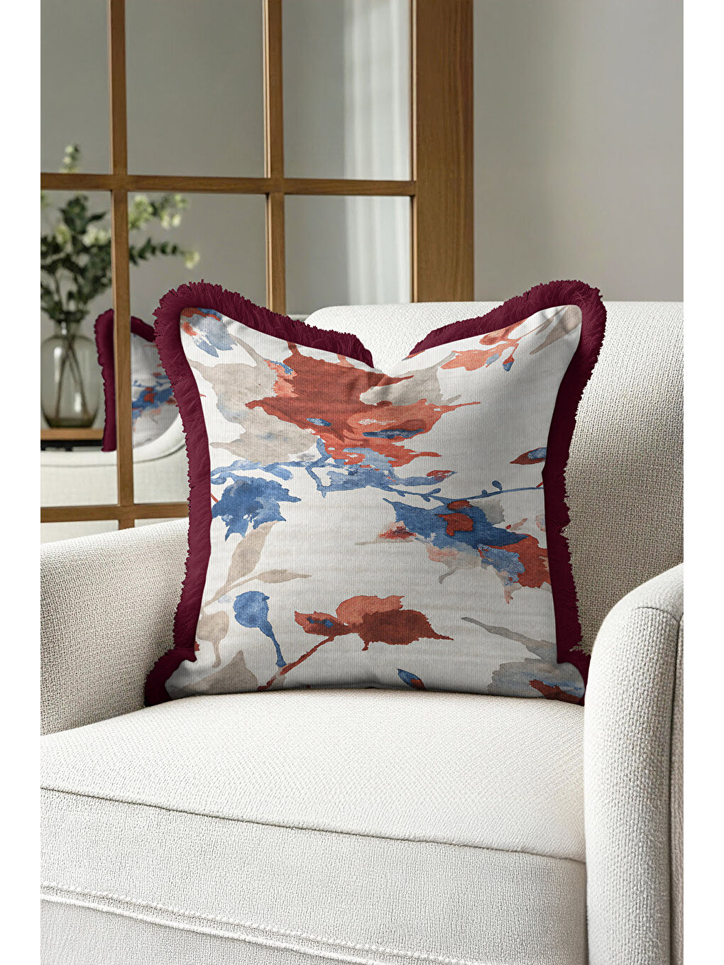 Karışık Modern Sanatsal Saçaklı Yastık Kılıfı - Renkli Bohem Bordo Kenarlı Püsküllü Kırlent Kılıfı-3