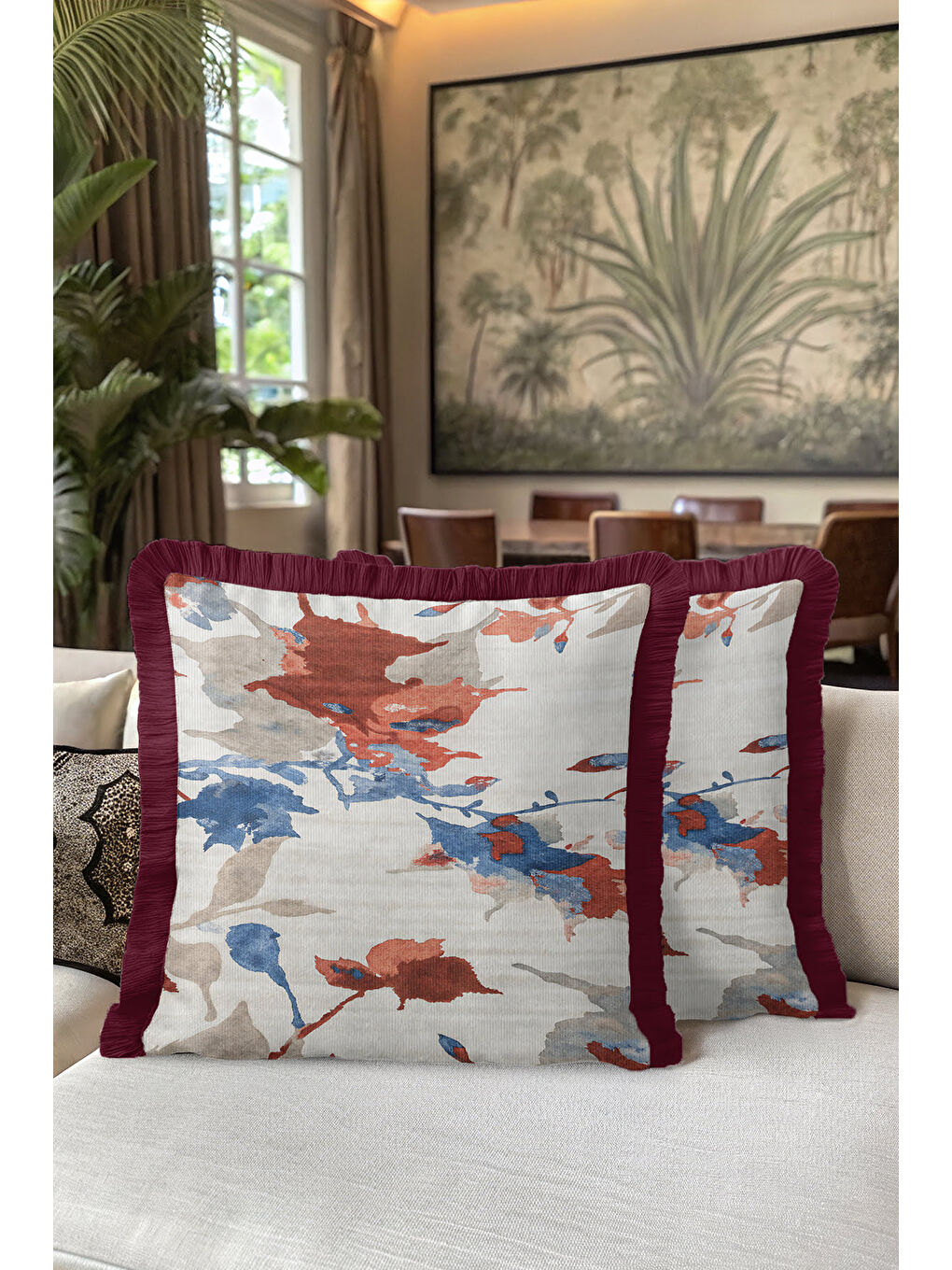 Karışık Modern Sanatsal Saçaklı Yastık Kılıfı - Renkli Bohem Bordo Kenarlı Püsküllü Kırlent Kılıfı-5
