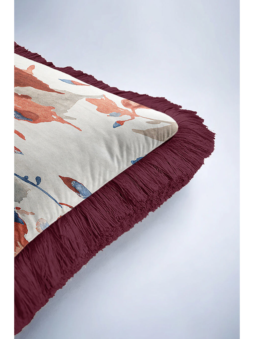 Karışık Modern Sanatsal Saçaklı Yastık Kılıfı - Renkli Bohem Bordo Kenarlı Püsküllü Kırlent Kılıfı-6