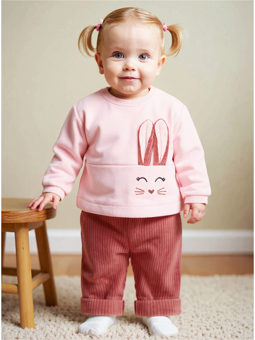 Pembe Kız Bebek Tavşan Desenli Takım