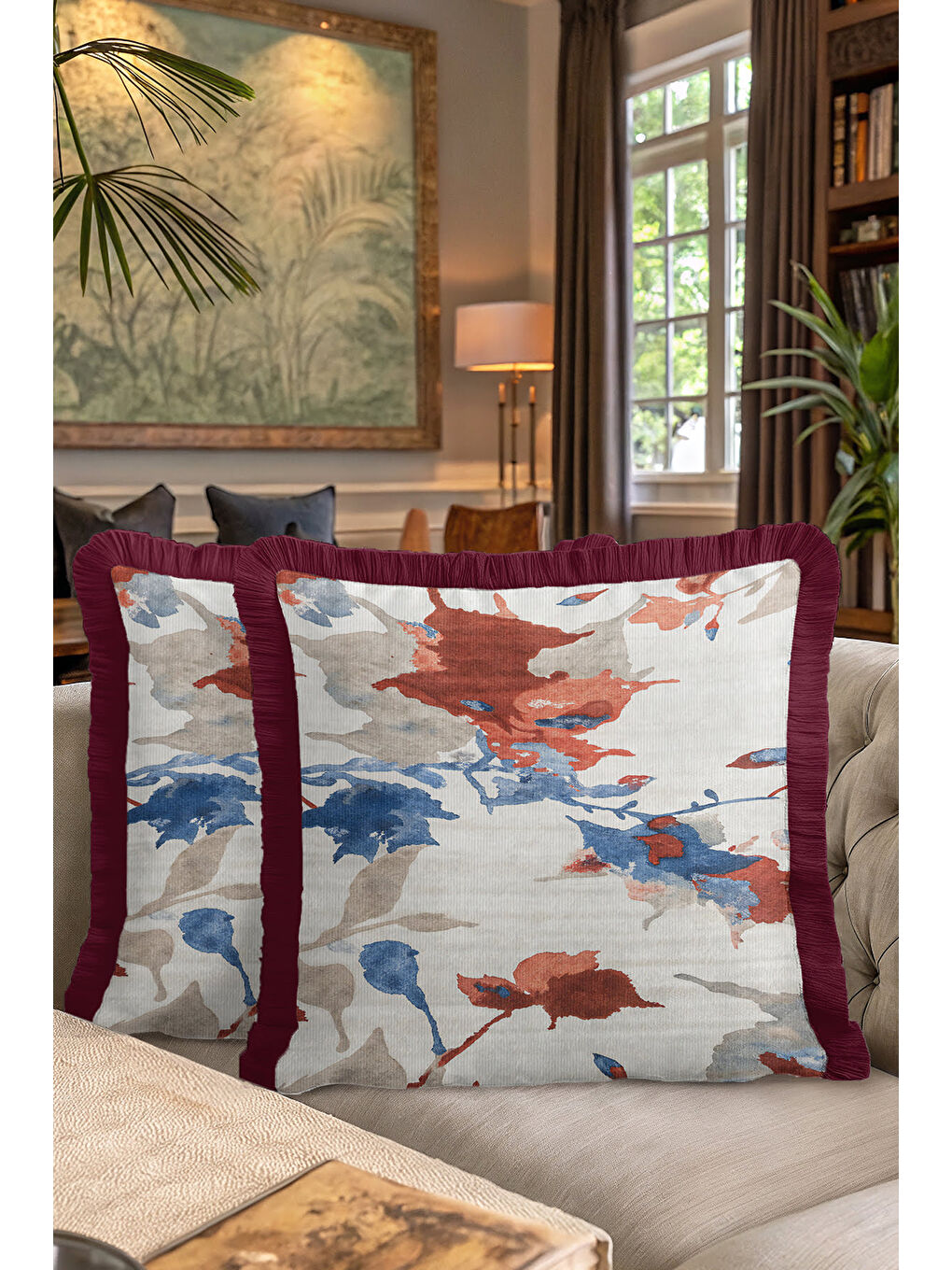 Karışık Modern Sanatsal Saçaklı Yastık Kılıfı - Renkli Bohem Bordo Kenarlı Püsküllü Kırlent Kılıfı-7