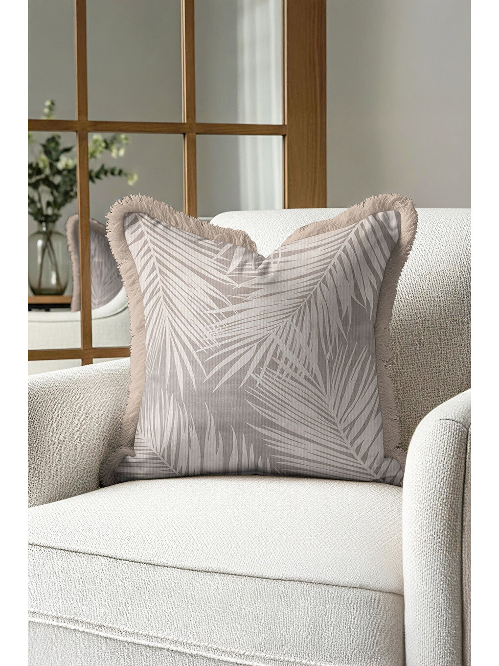 Karışık Tropikal Palmiye Saçaklı Yastık Kılıfı - Doğal Bohem Bej Püsküllü Kırlent Kılıfı