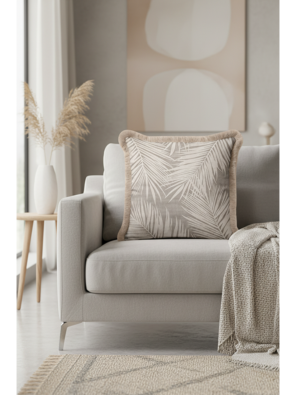 Karışık Tropikal Palmiye Saçaklı Yastık Kılıfı - Doğal Bohem Bej Püsküllü Kırlent Kılıfı-2