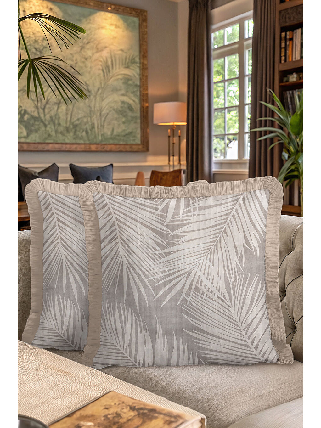 Karışık Tropikal Palmiye Saçaklı Yastık Kılıfı - Doğal Bohem Bej Püsküllü Kırlent Kılıfı-7