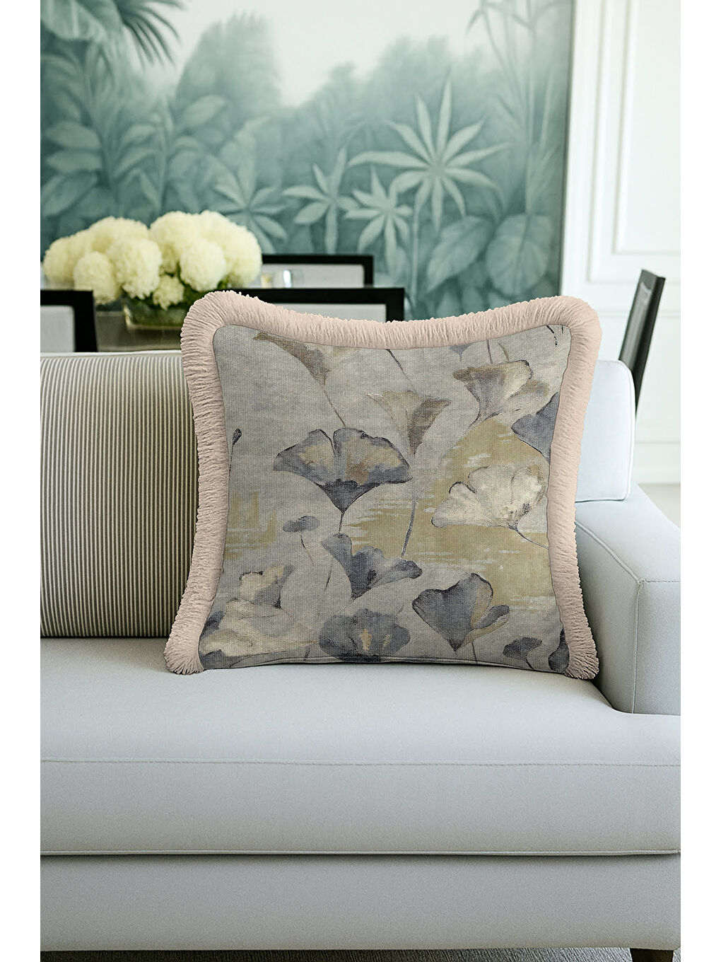 Karışık Lüks Ginkgo Yapraklı Saçaklı Yastık Kılıfı - Soft Doğal Tonlar Modern Bej Püsküllü Kırlent Kılıfı-1