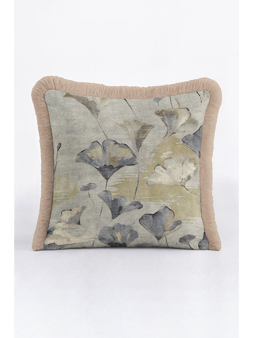 Karışık Lüks Ginkgo Yapraklı Saçaklı Yastık Kılıfı - Soft Doğal Tonlar Modern Bej Püsküllü Kırlent Kılıfı-2