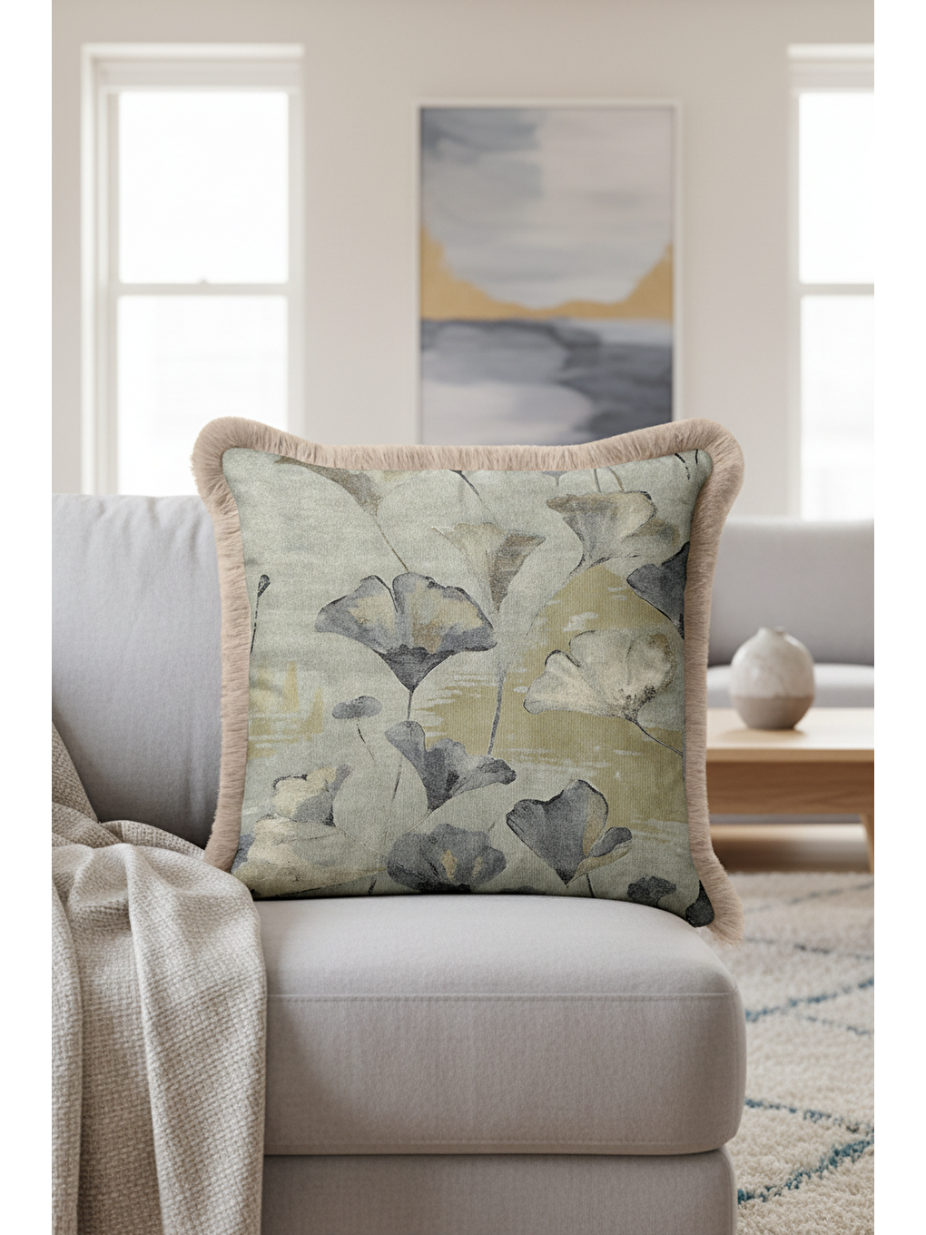 Karışık Lüks Ginkgo Yapraklı Saçaklı Yastık Kılıfı - Soft Doğal Tonlar Modern Bej Püsküllü Kırlent Kılıfı-3