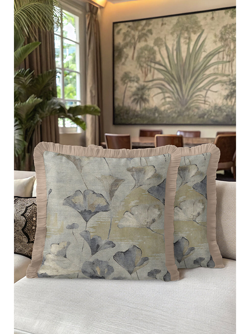 Karışık Lüks Ginkgo Yapraklı Saçaklı Yastık Kılıfı - Soft Doğal Tonlar Modern Bej Püsküllü Kırlent Kılıfı-5