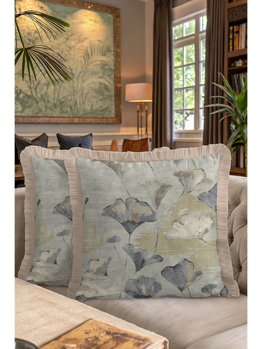 Karışık Lüks Ginkgo Yapraklı Saçaklı Yastık Kılıfı - Soft Doğal Tonlar Modern Bej Püsküllü Kırlent Kılıfı-7