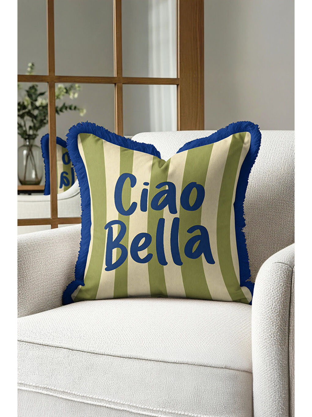 Karışık Retro Çizgili Saçaklı Yastık Kılıfı - Akdeniz Modern Mavi Kenarlı Püsküllü Kırlent Kılıfı