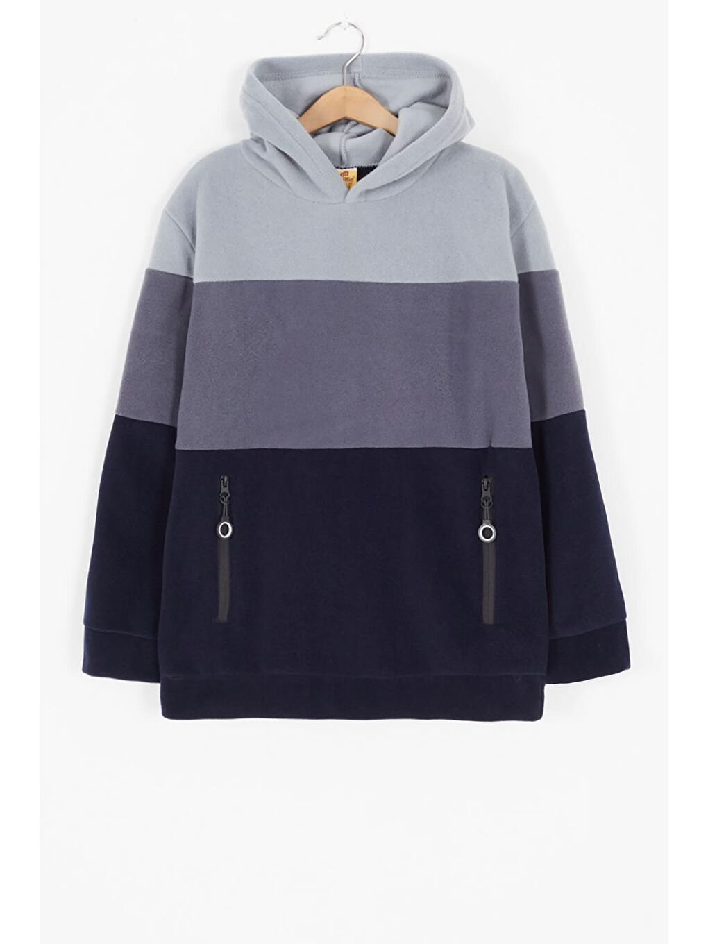 Gri Renk Bloklu Polarlı Kapüşonlu Unisex Çocuk Sweatshirt 16904