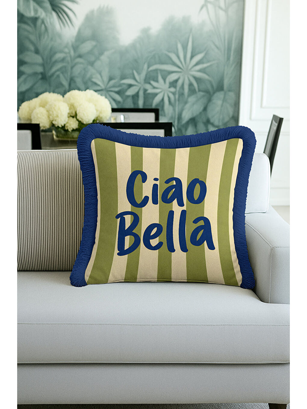 Karışık Retro Çizgili Saçaklı Yastık Kılıfı - Akdeniz Modern Mavi Kenarlı Püsküllü Kırlent Kılıfı-1