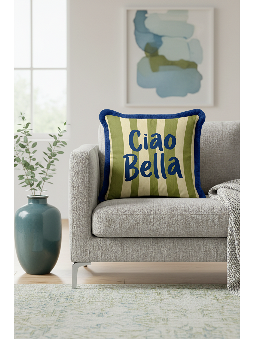 Karışık Retro Çizgili Saçaklı Yastık Kılıfı - Akdeniz Modern Mavi Kenarlı Püsküllü Kırlent Kılıfı-2