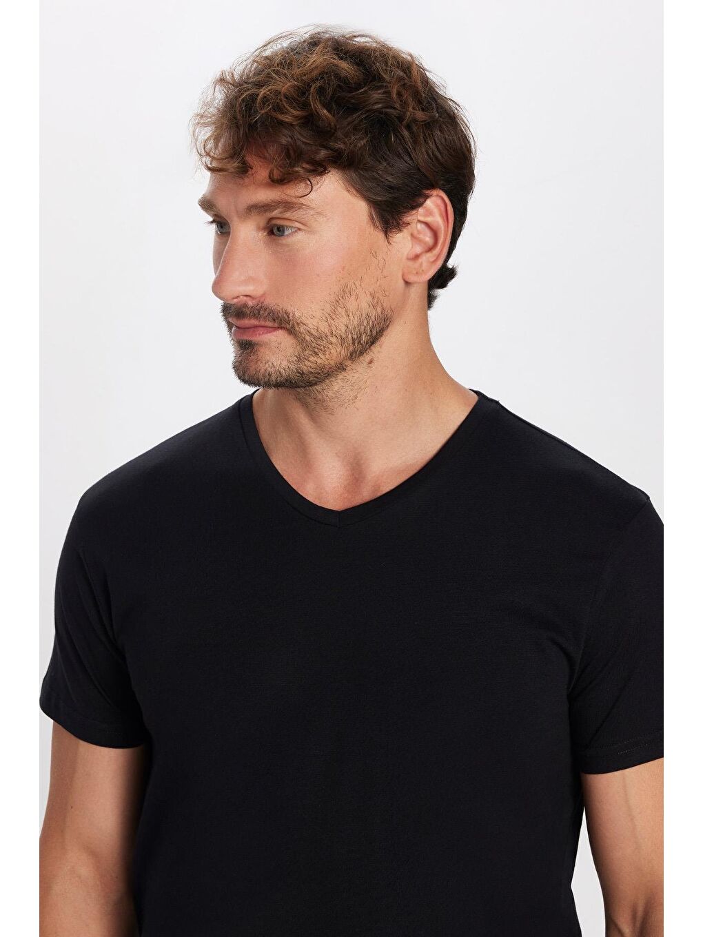TUDORS Erkek Slim Fit Dar Kesim %100 Pamuk Yumuşak Dokulu Siyah V Yaka Tişört
