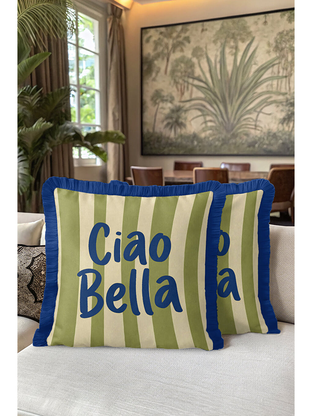 Karışık Retro Çizgili Saçaklı Yastık Kılıfı - Akdeniz Modern Mavi Kenarlı Püsküllü Kırlent Kılıfı-5