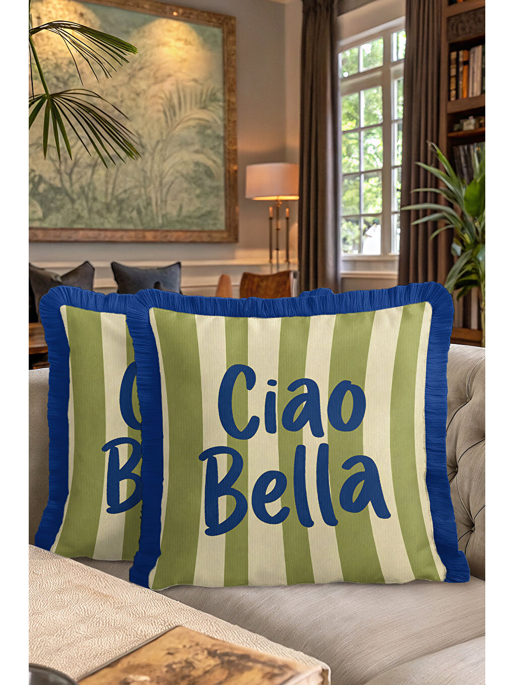 Karışık Retro Çizgili Saçaklı Yastık Kılıfı - Akdeniz Modern Mavi Kenarlı Püsküllü Kırlent Kılıfı-7