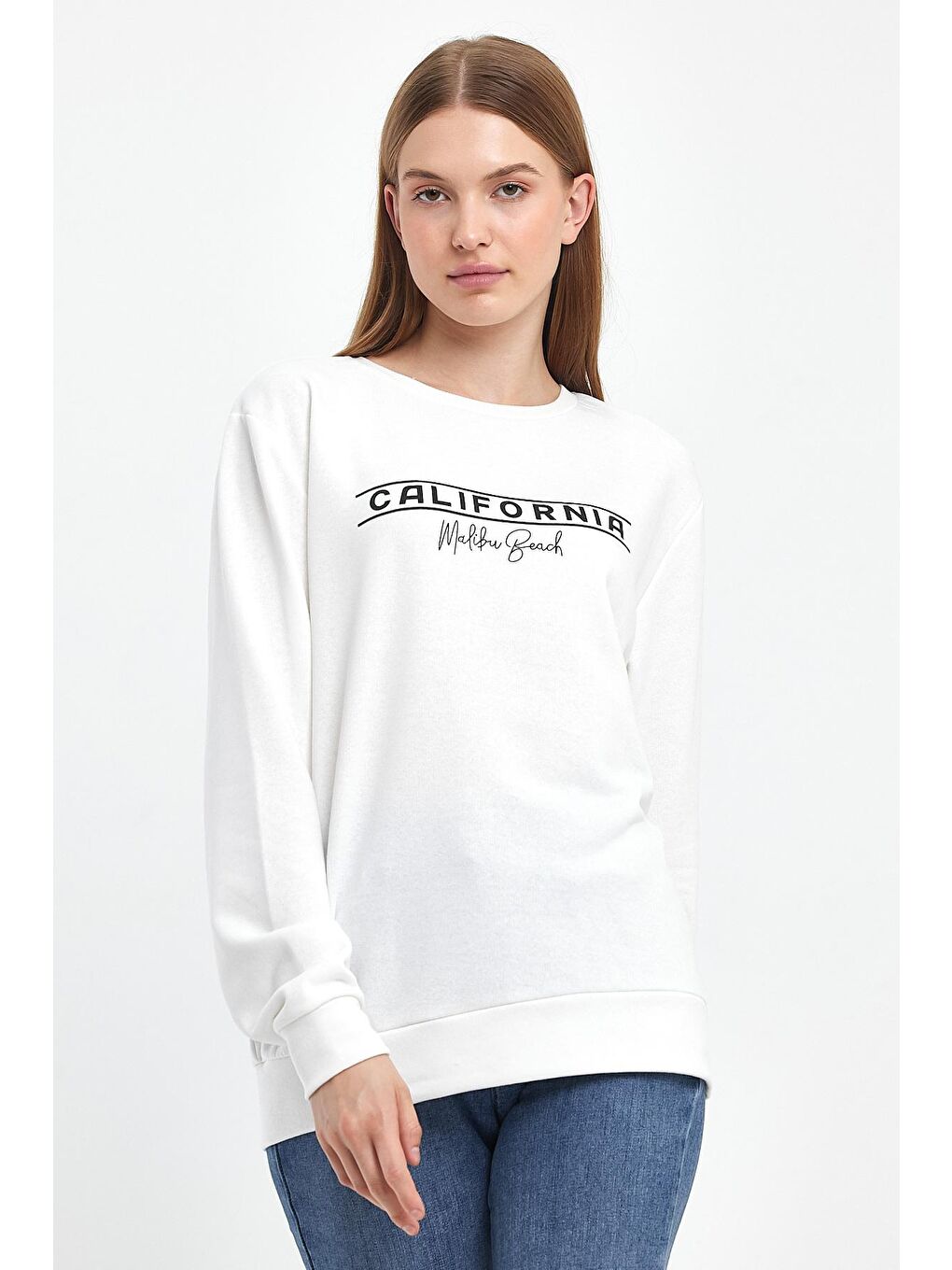 Ekru Kadın Bisiklet Yaka Rahat Kalıp 3 iplik Kalın Californıa Baskılı Sweatshirt SPR24SWK32-1