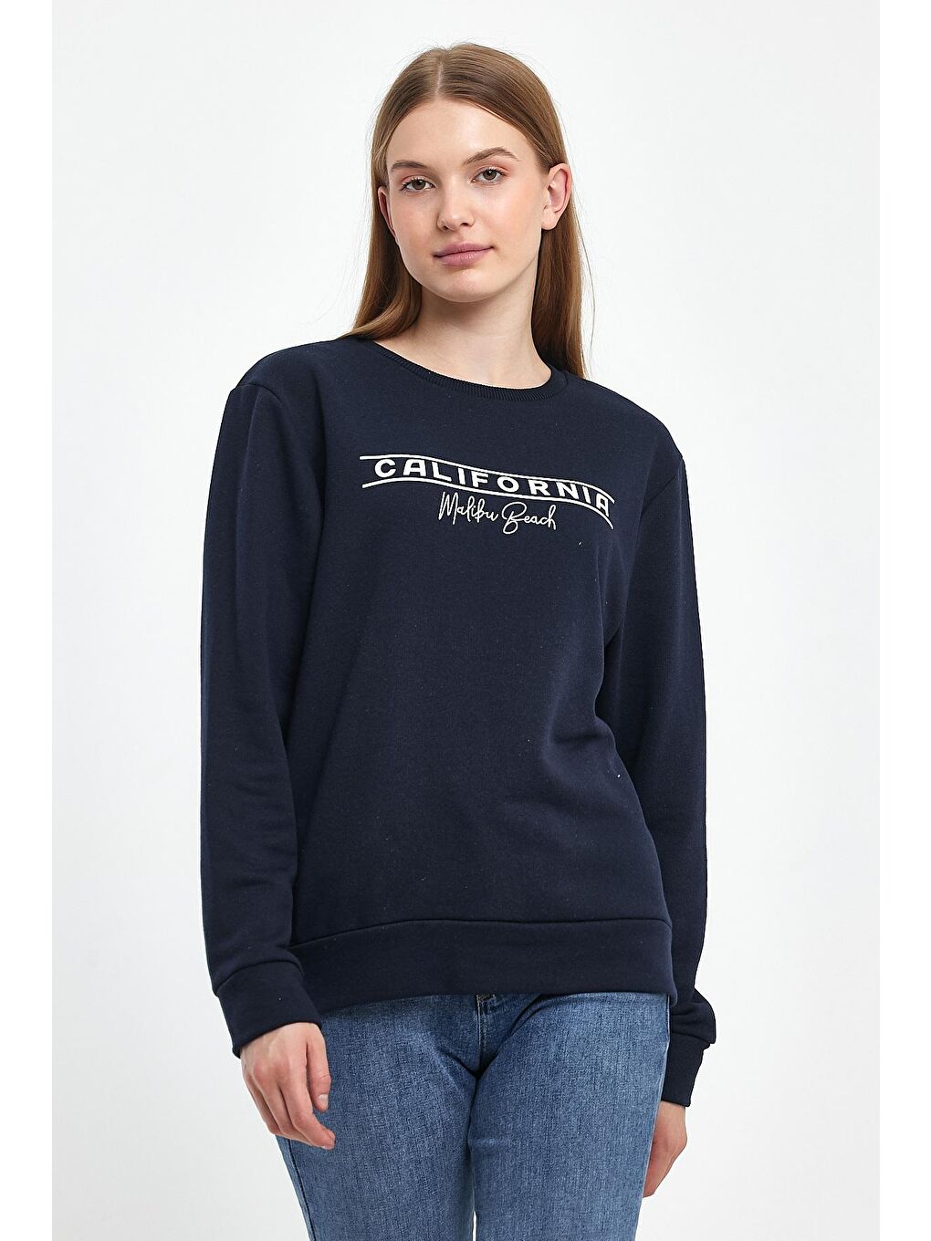 Lacivert Kadın Bisiklet Yaka Rahat Kalıp 3 iplik Kalın Californıa Baskılı Sweatshirt SPR24SWK32