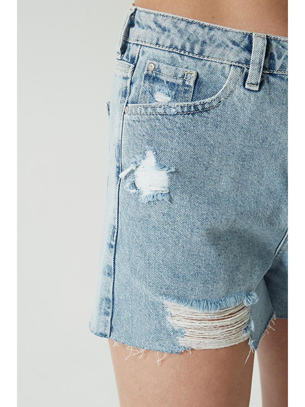Mavi Yüksek Bel Paçası Kesikli Yıprtamalı Jean Şort C 4534-009-4