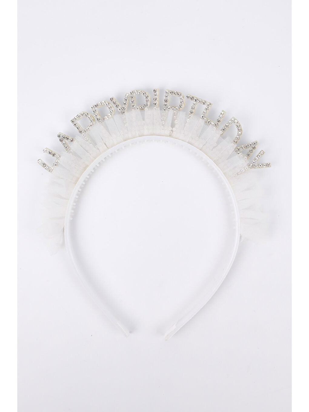 Beyaz Tüllü Taşlı Happy Birthday Kız Çocuk Taç