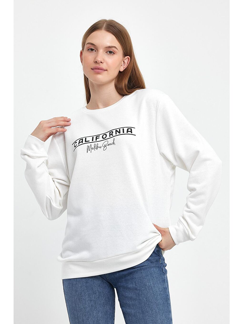 Ekru Kadın Bisiklet Yaka Rahat Kalıp 3 iplik Kalın Californıa Baskılı Sweatshirt SPR24SWK32-2