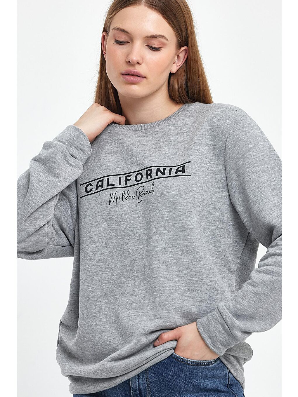 Gri Kadın Bisiklet Yaka Rahat Kalıp 3 iplik Kalın Californıa Baskılı Sweatshirt SPR24SWK32-3