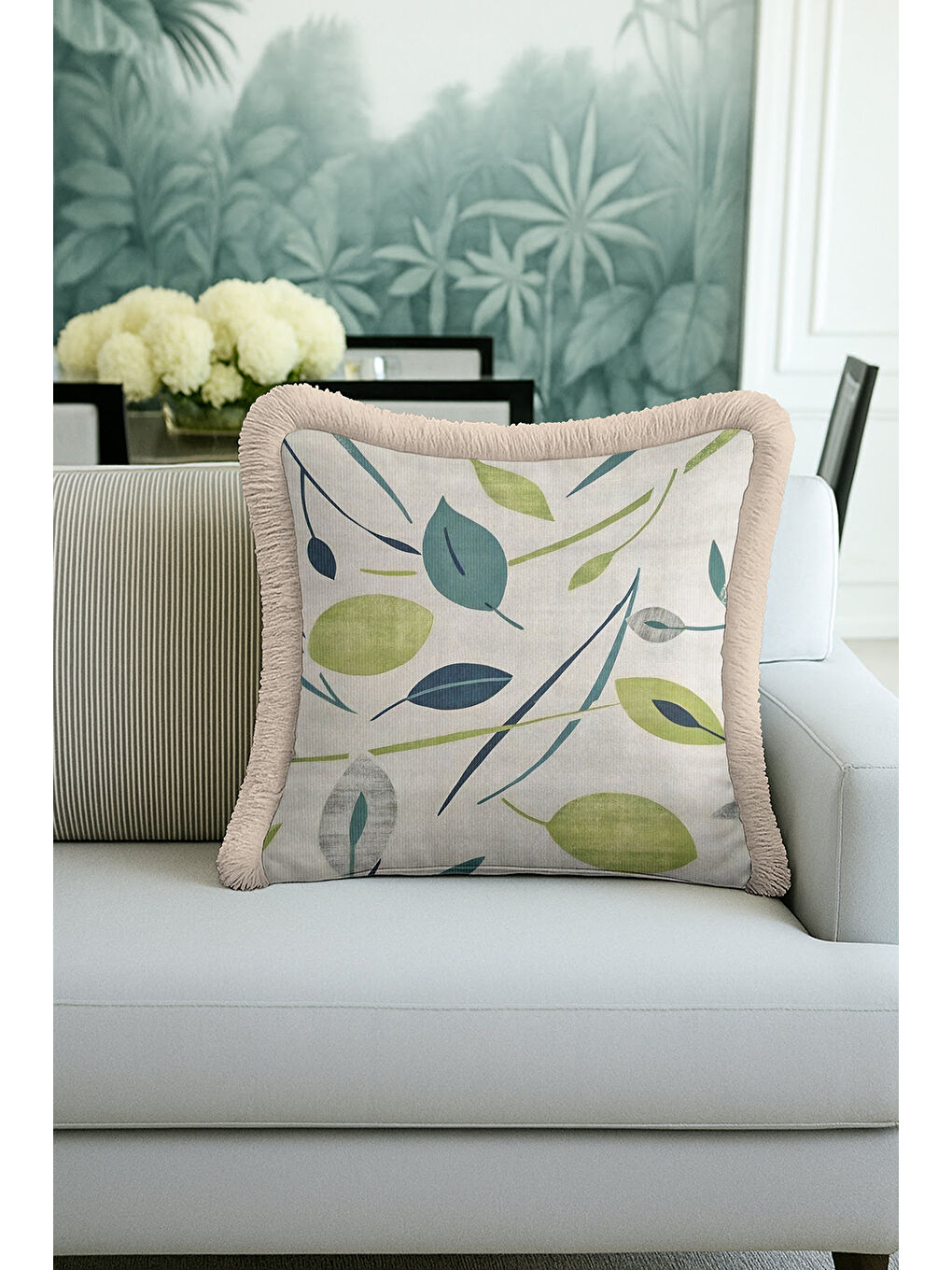 Karışık Doğal Yaprak Motifli Saçaklı Yastık Kılıfı - Bohem Pastel Yeşil Naturel Püsküllü Kırlent Kılıfı-1