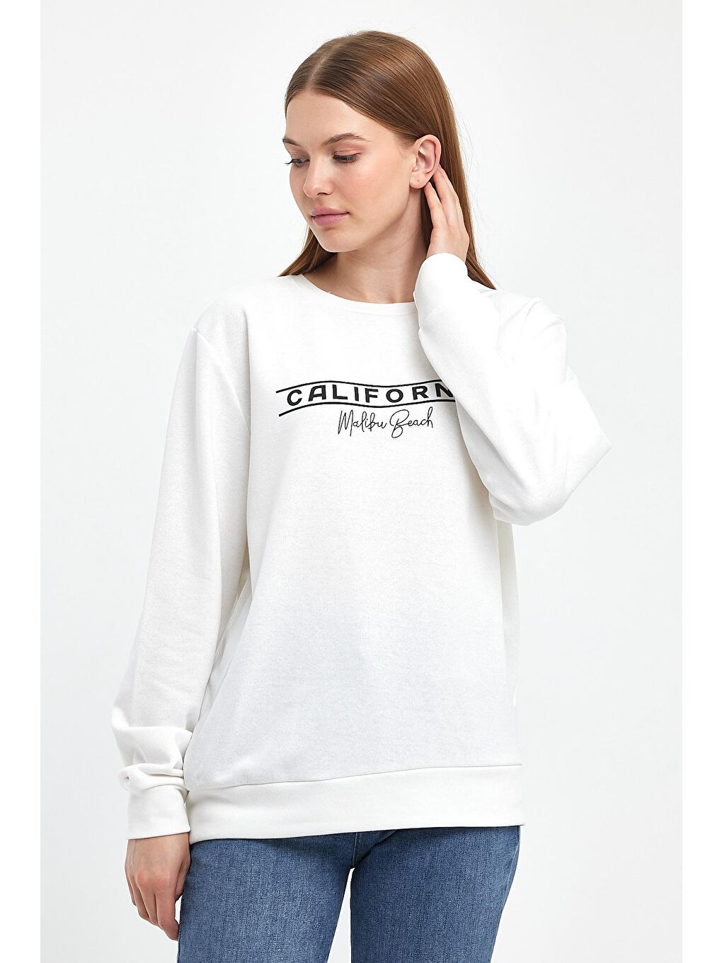 Ekru Kadın Bisiklet Yaka Rahat Kalıp 3 iplik Kalın Californıa Baskılı Sweatshirt SPR24SWK32-3