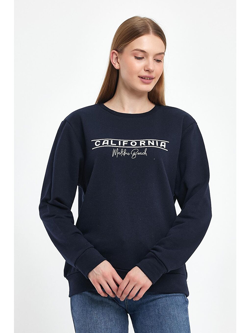 Lacivert Kadın Bisiklet Yaka Rahat Kalıp 3 iplik Kalın Californıa Baskılı Sweatshirt SPR24SWK32-2