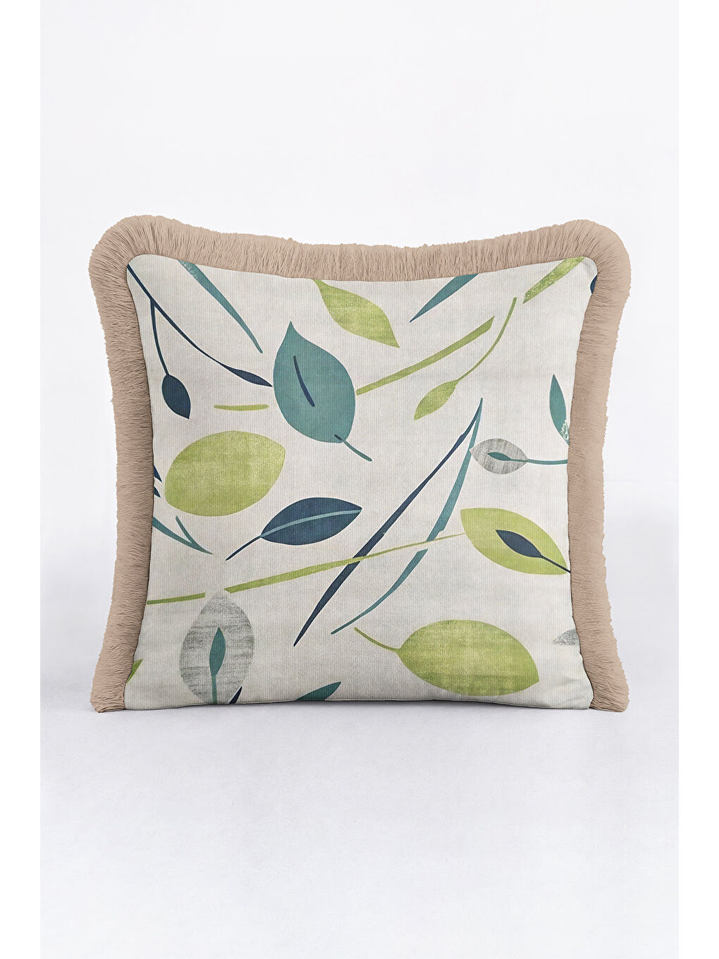 Karışık Doğal Yaprak Motifli Saçaklı Yastık Kılıfı - Bohem Pastel Yeşil Naturel Püsküllü Kırlent Kılıfı-3